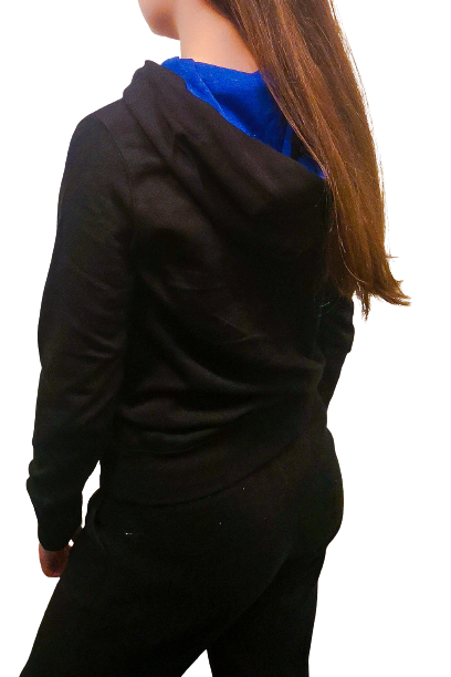 Kangaroo Pocket Contrast Hoodie in Black and Blue with fleece lining and wide drawstring.