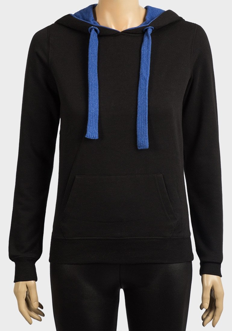 Kangaroo Pocket Contrast Hoodie in Black and Blue with fleece lining and wide drawstring.