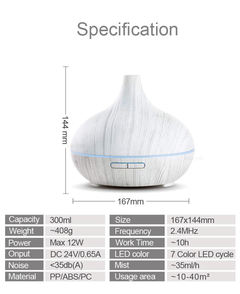 KBAYBO 300ml Electric Humidifier in white, featuring ultrasonic mist technology and 7 LED colors for aromatherapy and air purification.