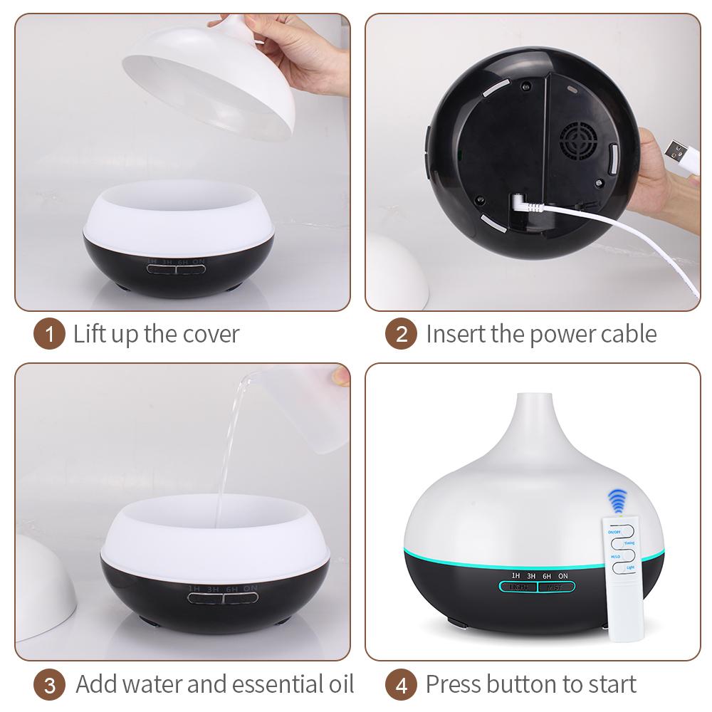 KBAYBO 550ml USB Aroma Diffuser in white with 7 color-changing LED lights, designed for home and office use.