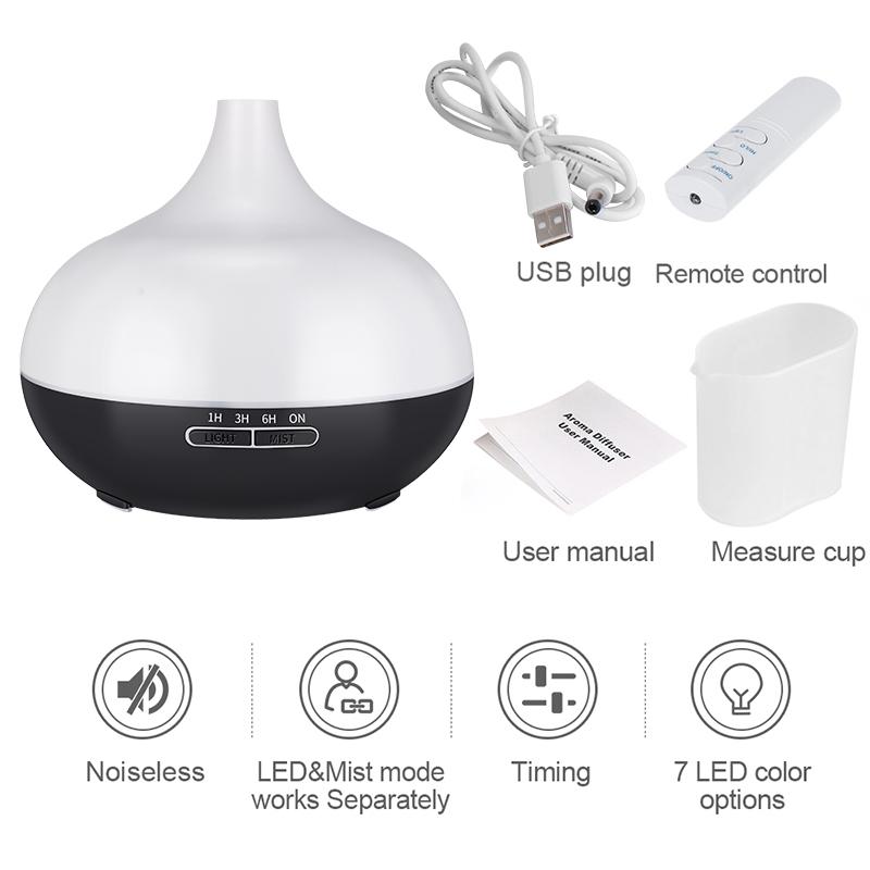 KBAYBO 550ml USB Aroma Diffuser in white with 7 color-changing LED lights, designed for home and office use.