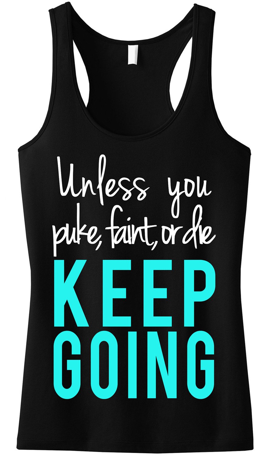 KEEP GOING Workout Tank Top featuring a motivational quote, sheer mini rib racerback design, available in various sizes.