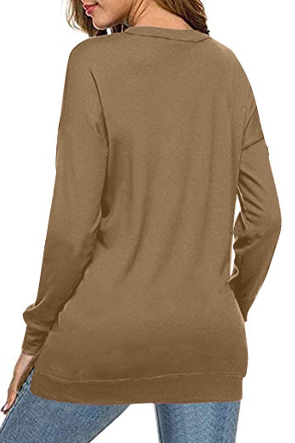 Khaki crew neck long sleeve sweatshirt displayed on a mannequin, showcasing its relaxed fit and stylish design.