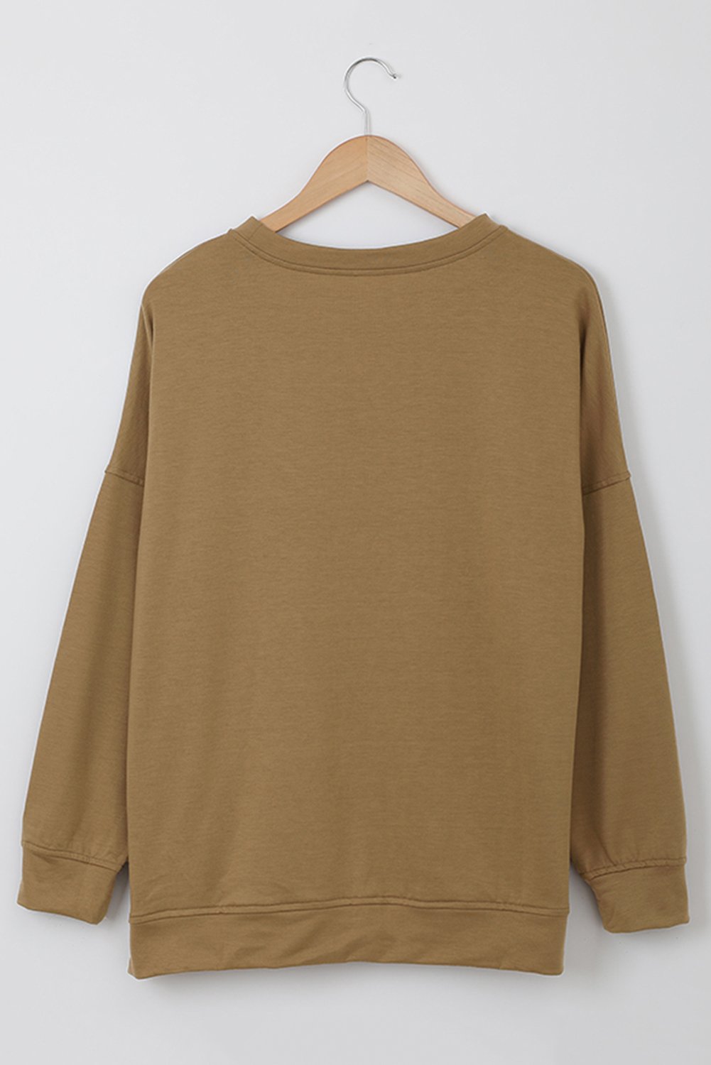 Khaki crew neck long sleeve sweatshirt displayed on a mannequin, showcasing its relaxed fit and stylish design.