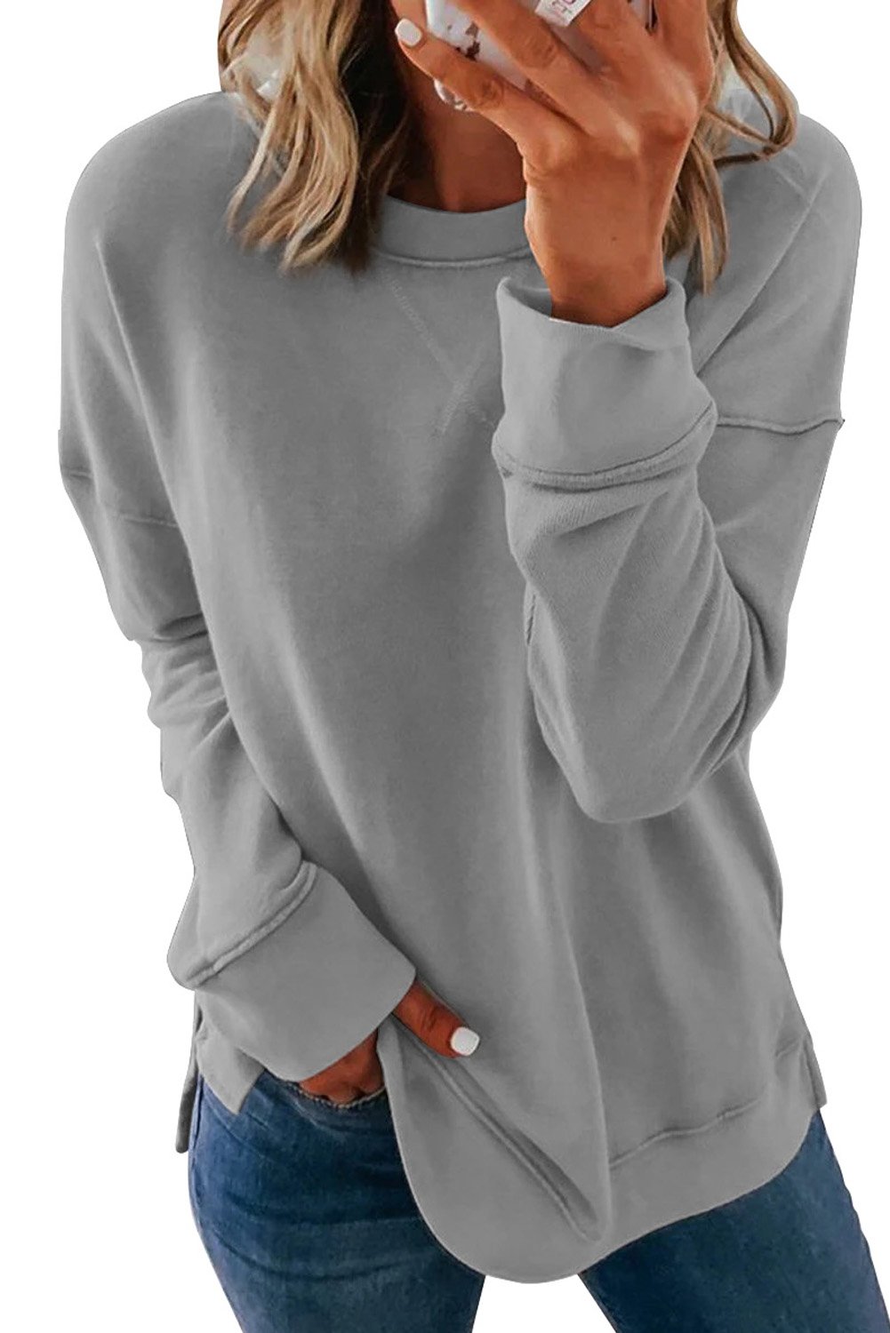 Khaki crew neck long sleeve sweatshirt displayed on a mannequin, showcasing its relaxed fit and stylish design.