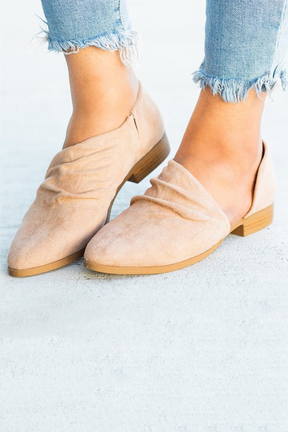 Khaki Fashion Pointed Toe Suede Flats showcasing elegant design and soft texture.