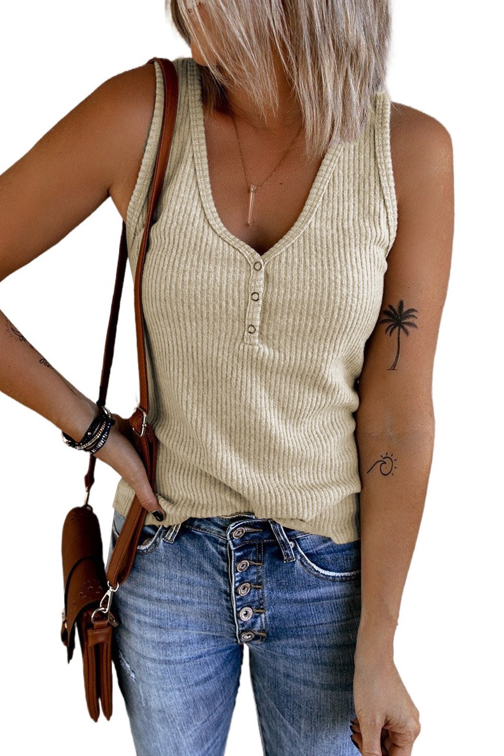 Khaki ribbed tank top displayed on a mannequin, showcasing its soft texture and neutral color, perfect for fall layering.