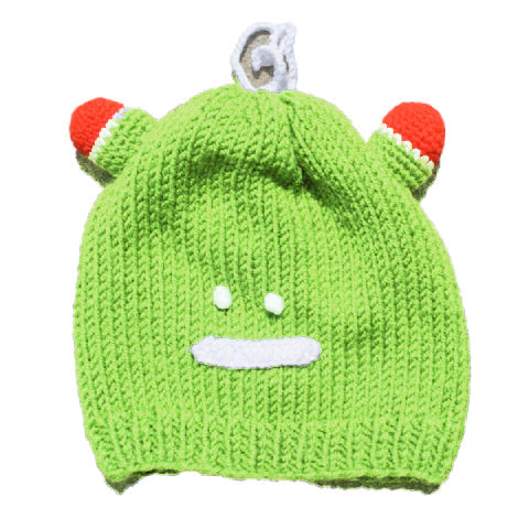 Hand-knitted frog wool beanie cap for kids, featuring a playful design and cozy fit, perfect for ages 2-7.