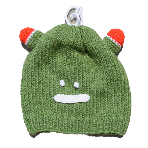 Hand-knitted frog wool beanie cap for kids, featuring a playful design and cozy fit, perfect for ages 2-7.