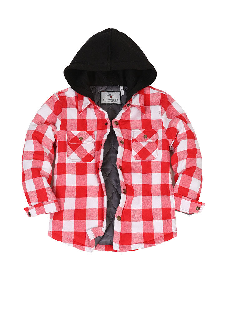 Kids quilted lined hooded flannel shirt jacket in vibrant colors, featuring snap button closure and cozy lining, suitable for boys and girls.