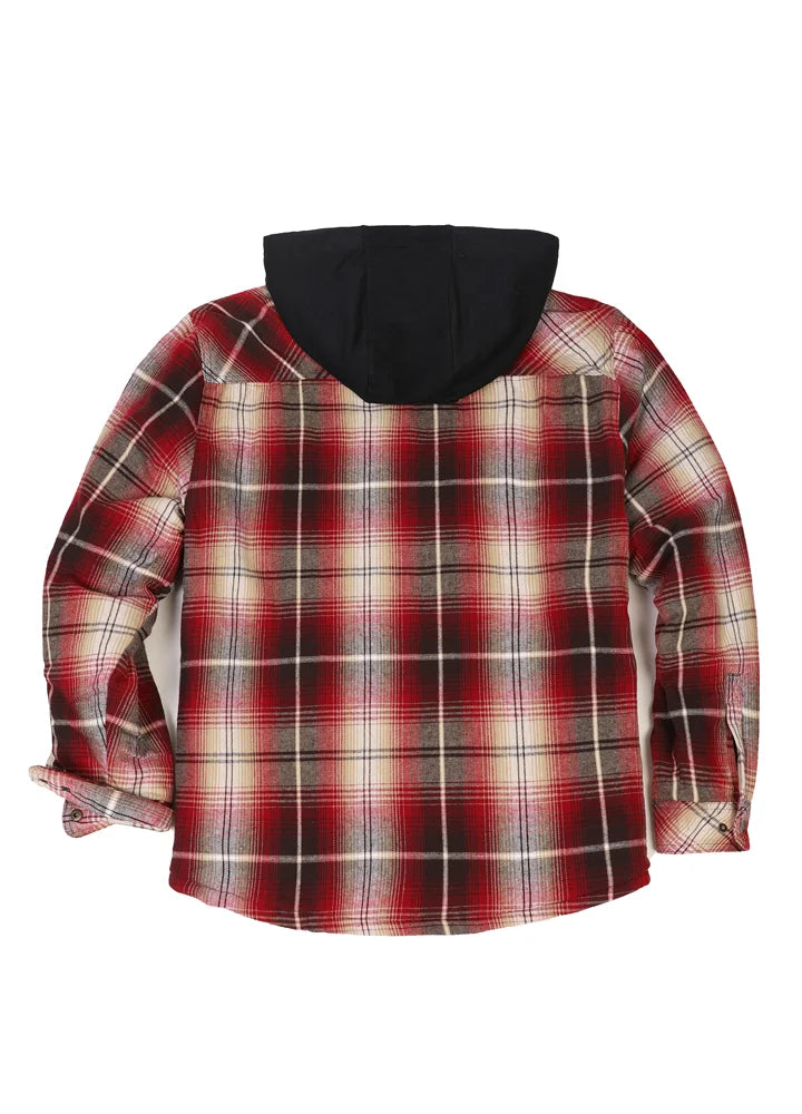 Kids quilted lined hooded flannel shirt jacket in vibrant colors, featuring snap button closure and cozy lining, suitable for boys and girls.