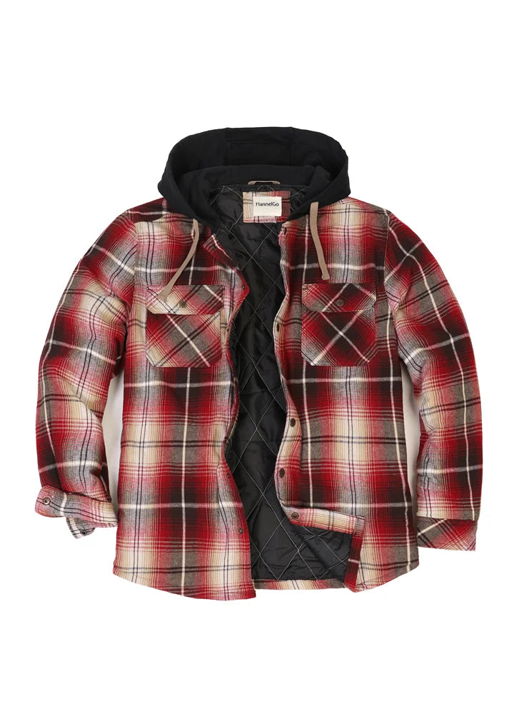 Kids quilted lined hooded flannel shirt jacket in vibrant colors, featuring snap button closure and cozy lining, suitable for boys and girls.