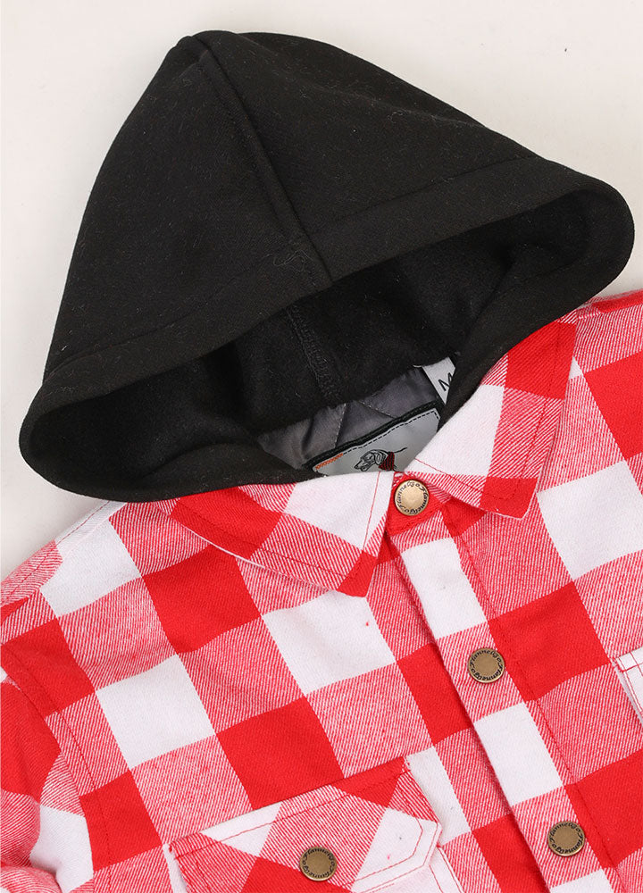 Kids quilted lined hooded flannel shirt jacket in vibrant colors, featuring snap button closure and cozy lining, suitable for boys and girls.