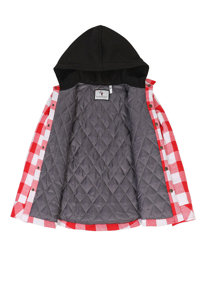 Kids quilted lined hooded flannel shirt jacket in vibrant colors, featuring snap button closure and cozy lining, suitable for boys and girls.