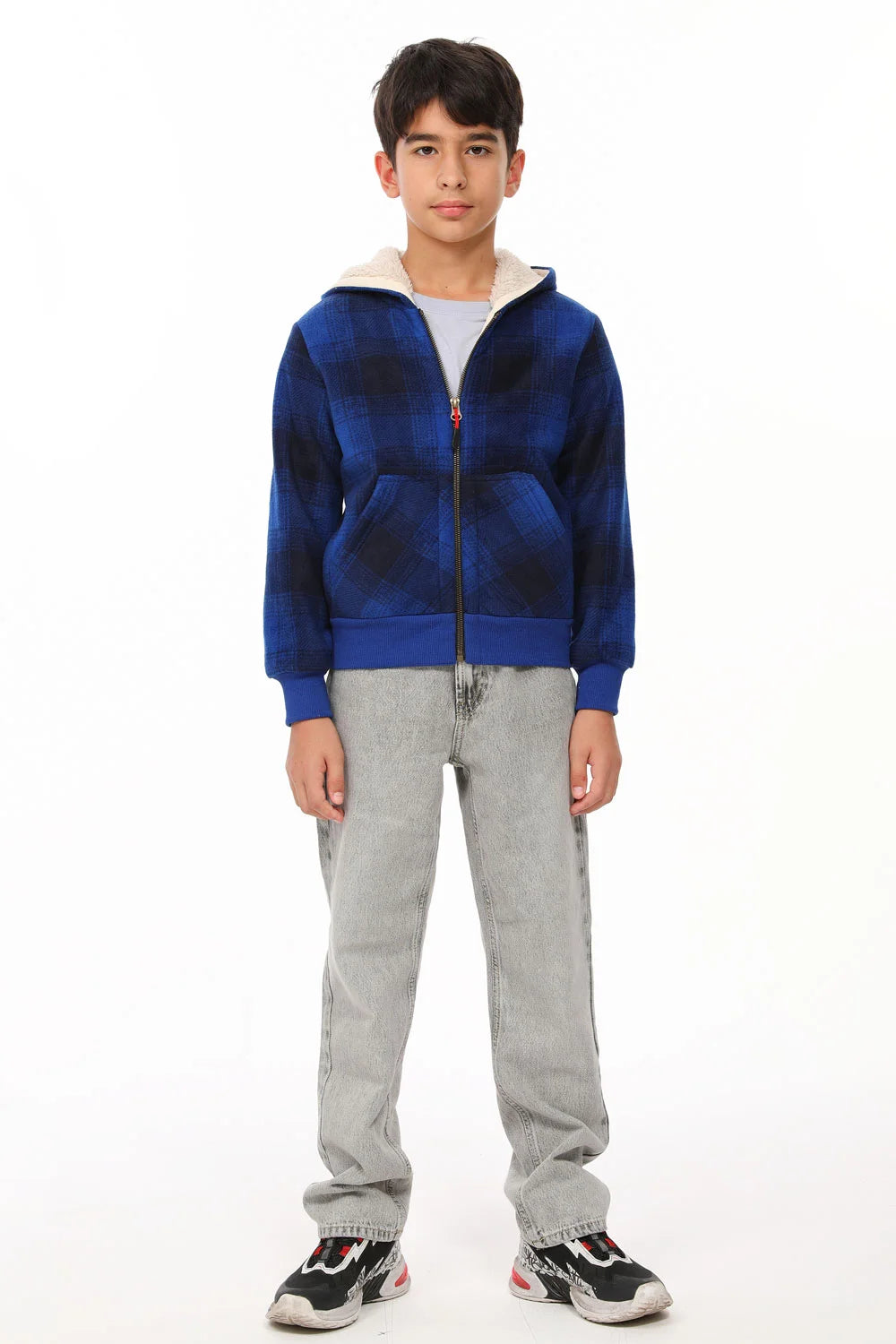 Kids sherpa lined full zip hooded plaid sweatshirt jacket, featuring soft fleece lining and stylish plaid design.