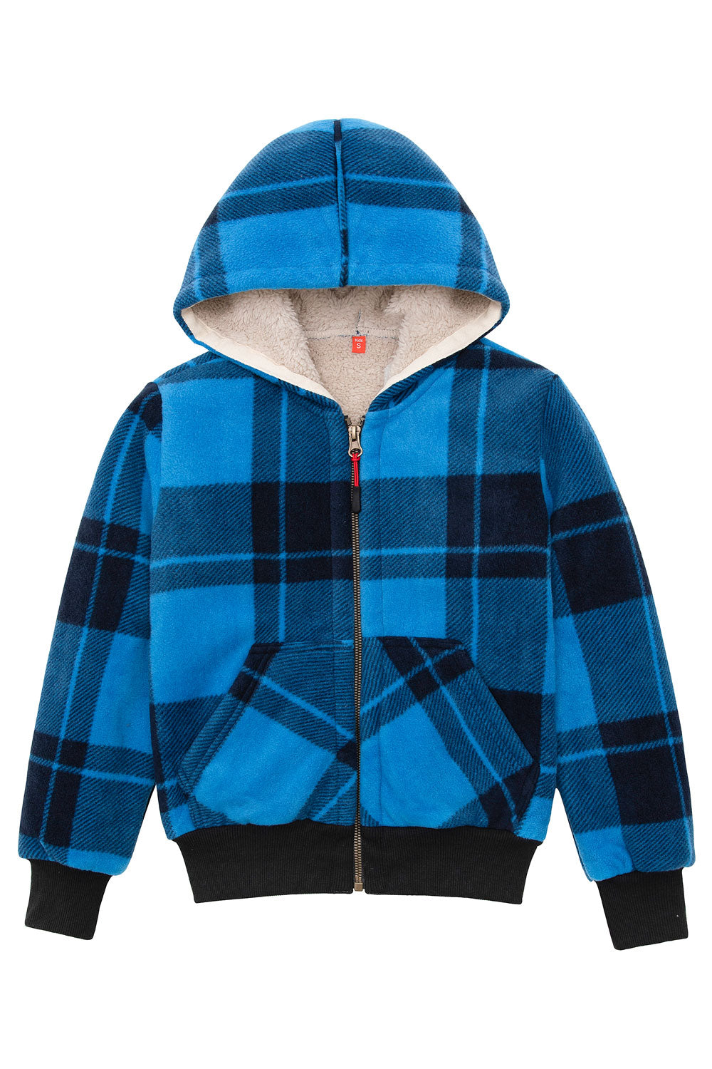 Kids sherpa lined full zip hooded plaid sweatshirt jacket, featuring soft fleece lining and stylish plaid design.