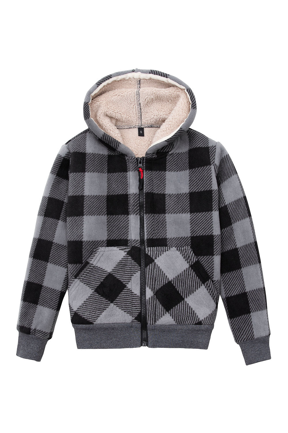 Kids sherpa lined full zip hooded plaid sweatshirt jacket, featuring soft fleece lining and stylish plaid design.