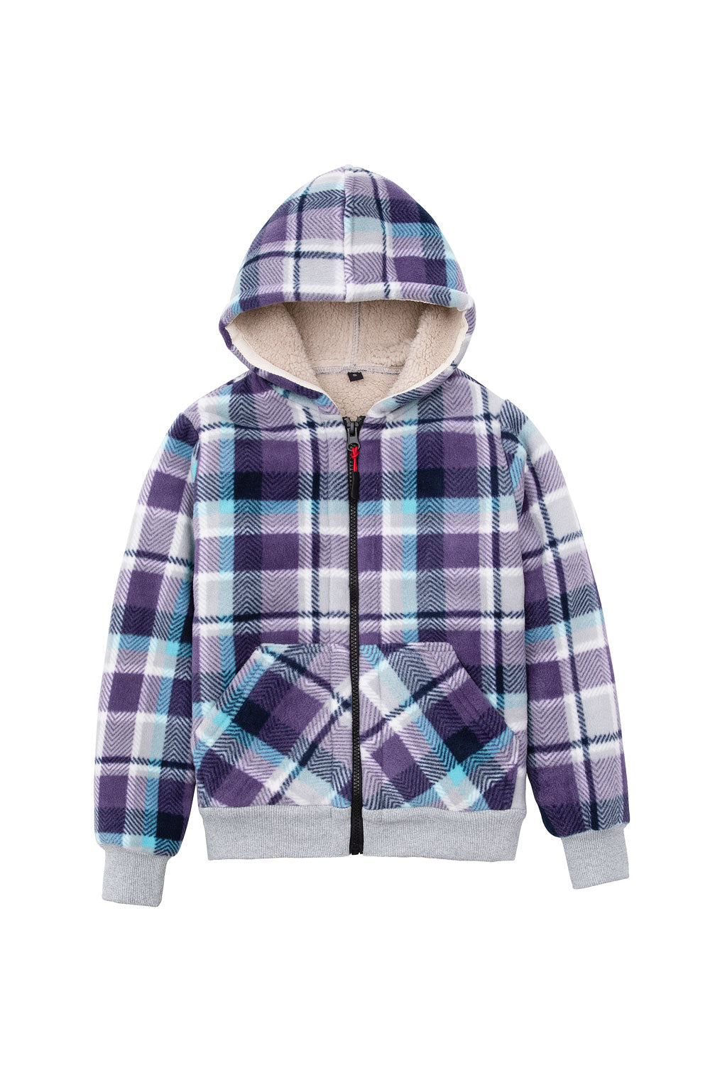 Kids sherpa lined full zip hooded plaid sweatshirt jacket, featuring soft fleece lining and stylish plaid design.