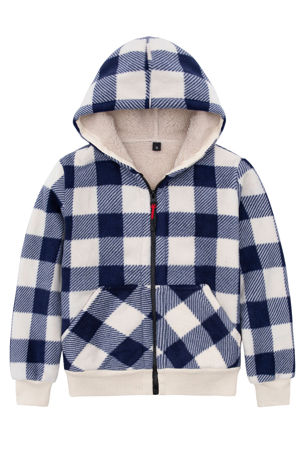 Kids sherpa lined full zip hooded plaid sweatshirt jacket, featuring soft fleece lining and stylish plaid design.