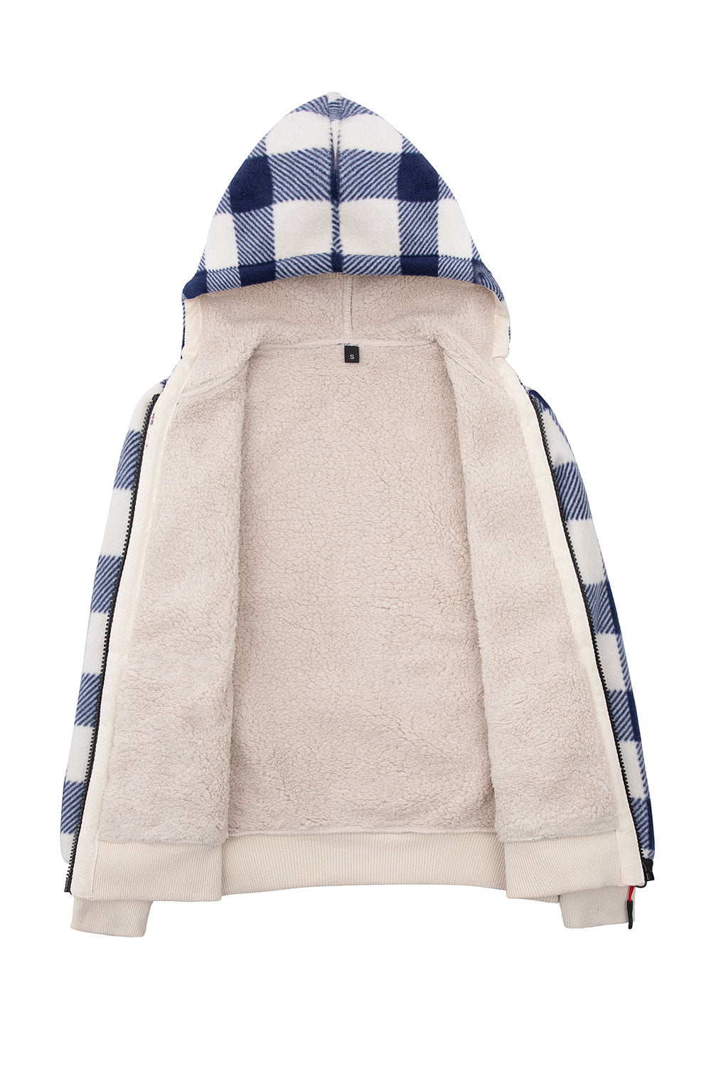 Kids sherpa lined full zip hooded plaid sweatshirt jacket, featuring soft fleece lining and stylish plaid design.