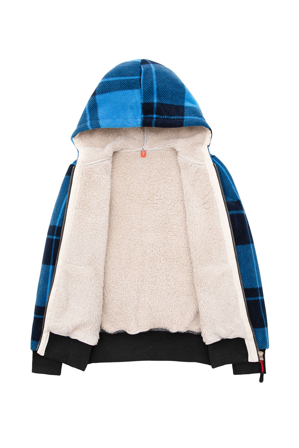 Kids sherpa lined full zip hooded plaid sweatshirt jacket, featuring soft fleece lining and stylish plaid design.