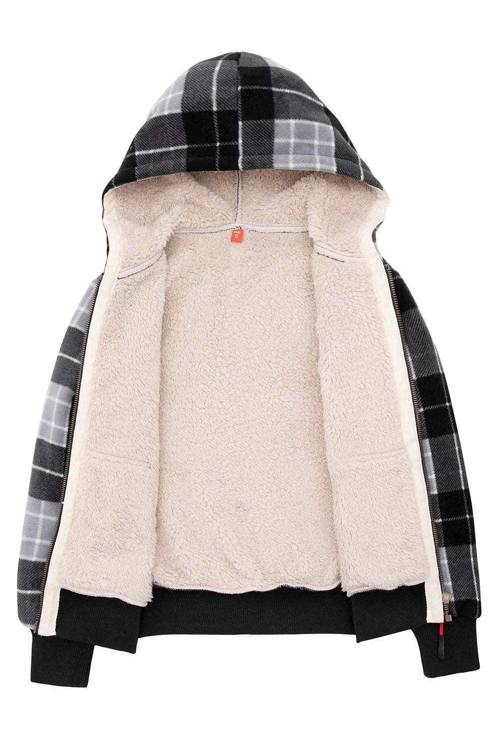 Kids sherpa lined full zip hooded plaid sweatshirt jacket, featuring soft fleece lining and stylish plaid design.