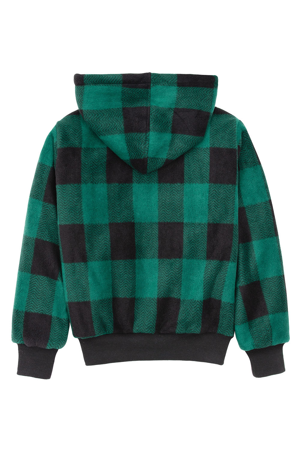 Kids sherpa lined full zip hooded plaid sweatshirt jacket, featuring soft fleece lining and stylish plaid design.