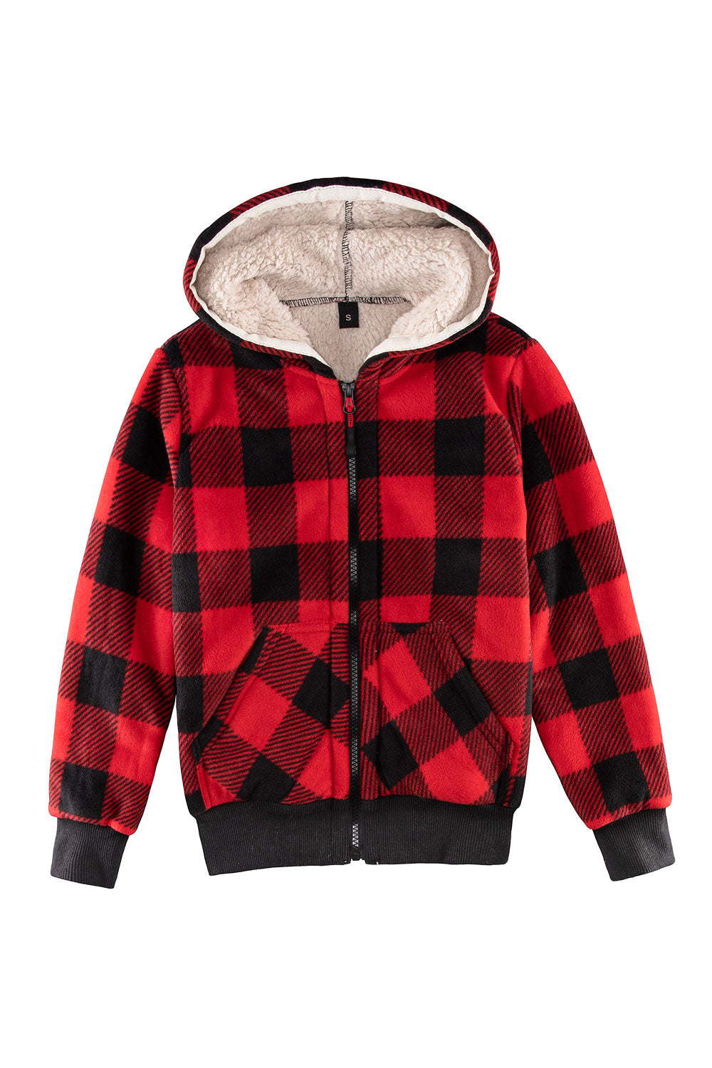 Kids sherpa lined full zip hooded plaid sweatshirt jacket, featuring soft fleece lining and stylish plaid design.