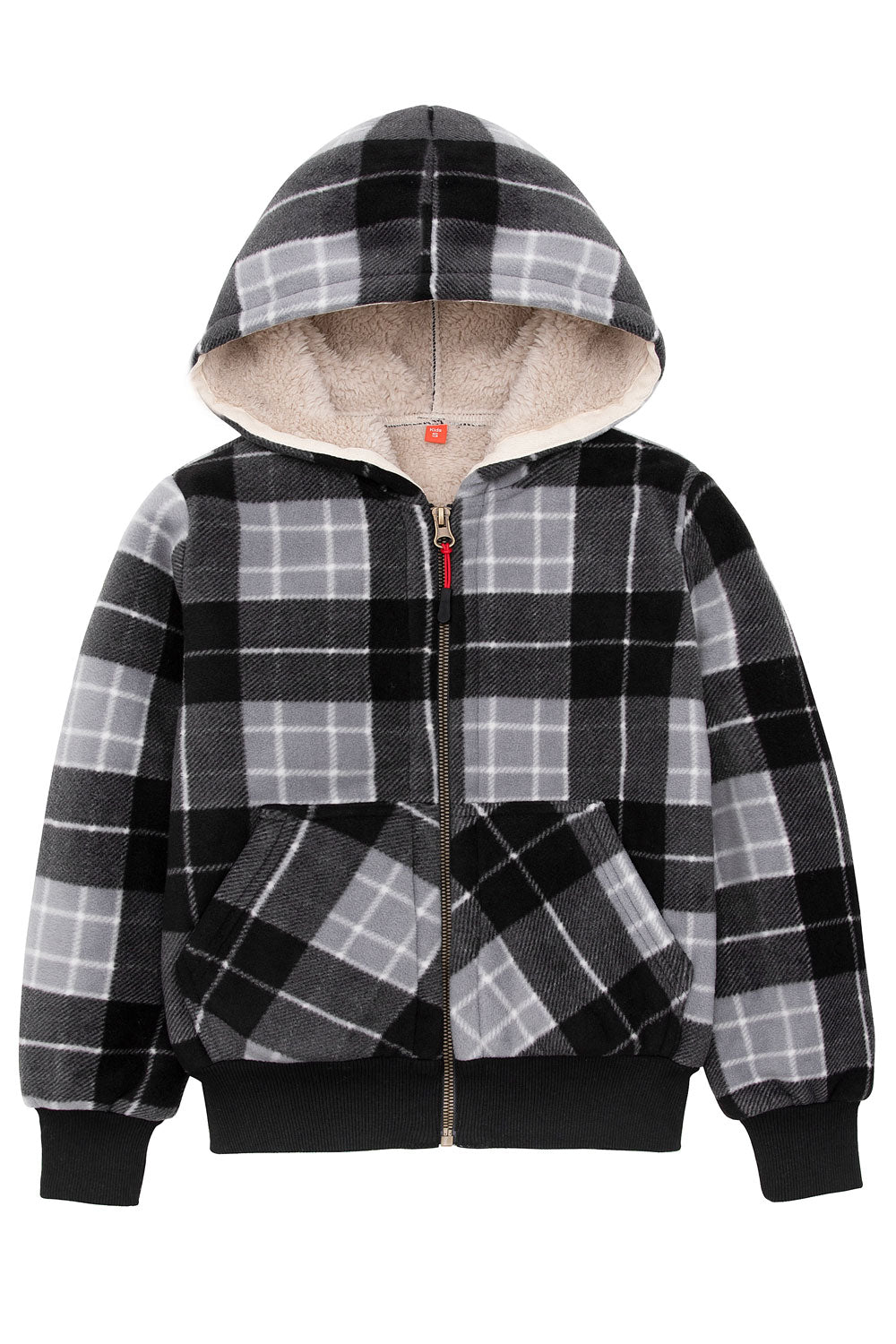 Kids sherpa lined full zip hooded plaid sweatshirt jacket, featuring soft fleece lining and stylish plaid design.