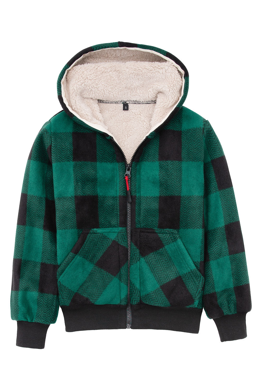 Kids sherpa lined full zip hooded plaid sweatshirt jacket, featuring soft fleece lining and stylish plaid design.