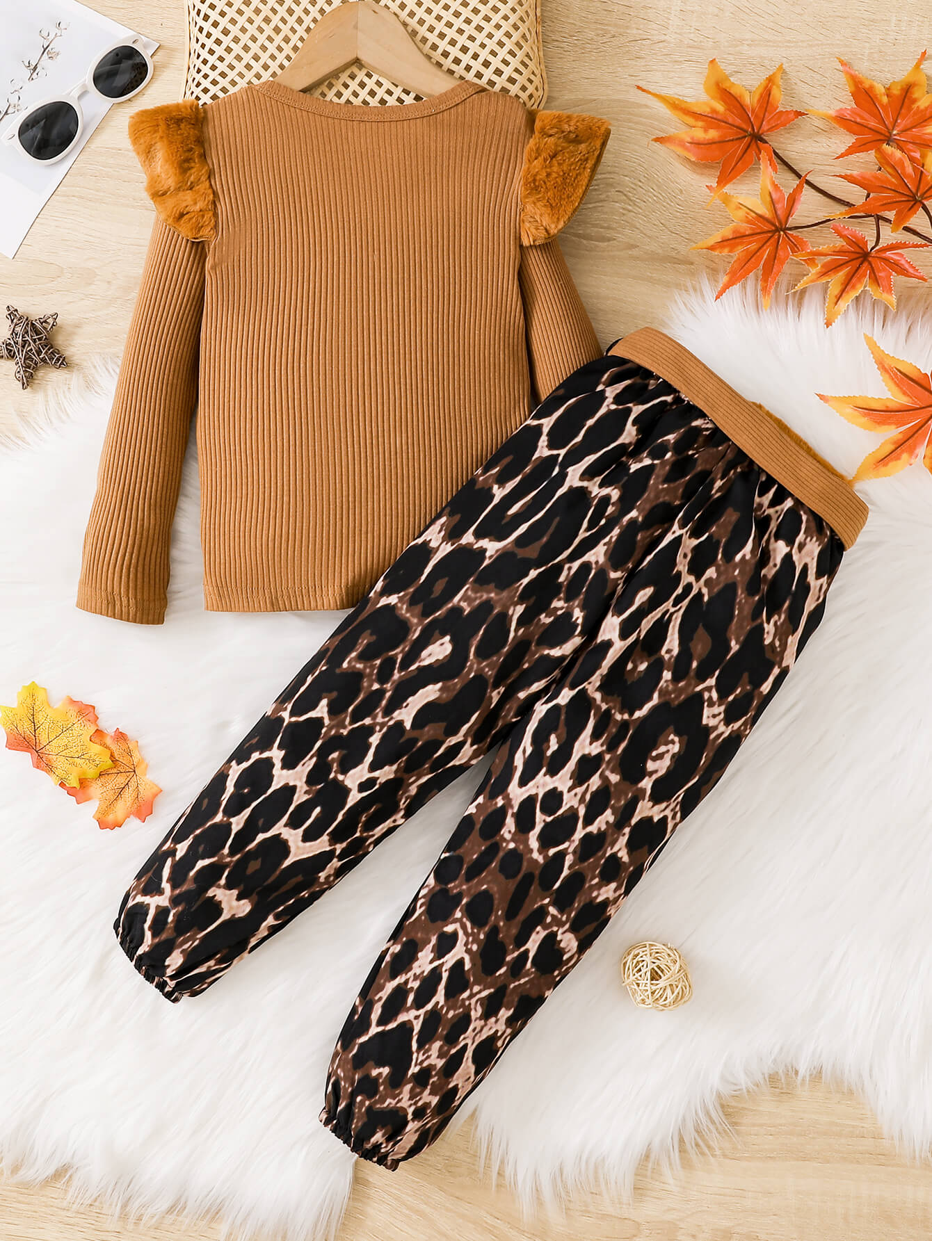 Kids Faux Fur Trim Rib-Knit Top and Printed Joggers Set, featuring a stylish faux fur trim and comfortable rib-knit fabric, ideal for ages 4-7.