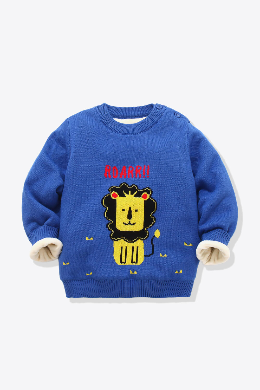 Kids Lion Graphic Fleece Lined Sweater featuring a playful lion design, perfect for ages 1-6 years, made from soft cotton and fleece lining.