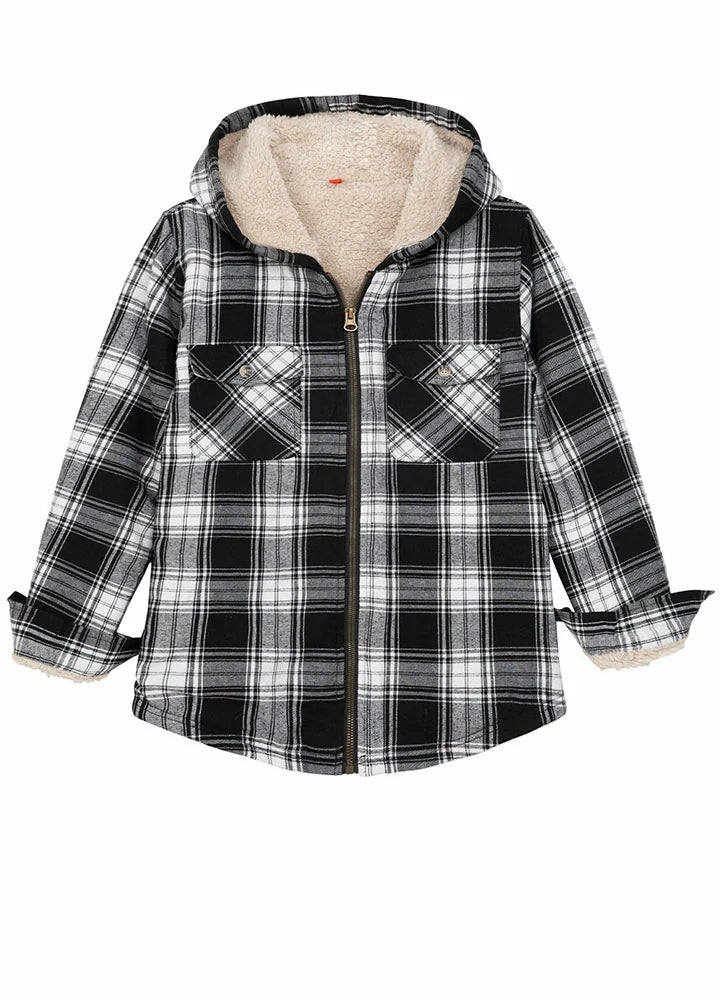 Kids Matching Family Black White Hooded Flannel Jacket displayed on a hanger, showcasing its cozy flannel material and stylish hood.