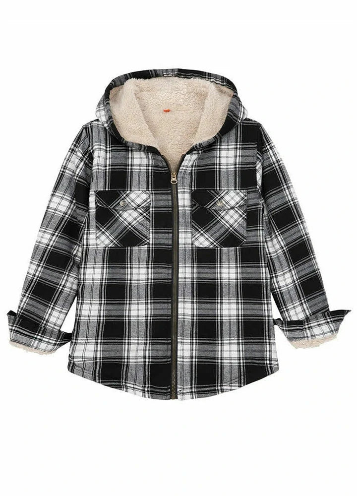 Kids Matching Family Black White Hooded Flannel Jacket displayed on a hanger, showcasing its cozy flannel material and stylish hood.