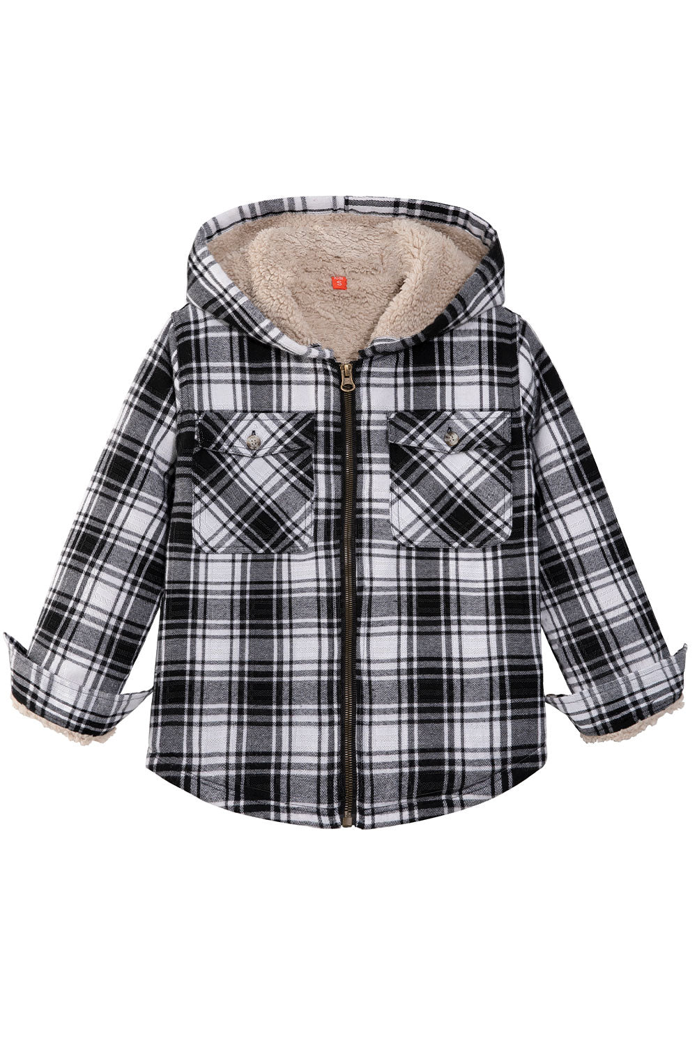 Kids Matching Family Black White Hooded Flannel Jacket displayed on a hanger, showcasing its cozy flannel material and stylish hood.