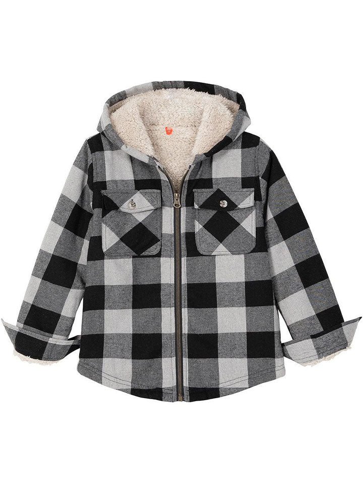 Kids Matching Family Black White Hooded Flannel Jacket displayed on a hanger, showcasing its cozy flannel material and stylish hood.