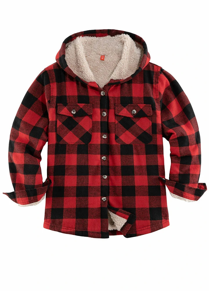 Kids Matching Family Buffalo Red Hooded Plaid Flannel Shirt Jacket in vibrant red plaid pattern, perfect for family outings.