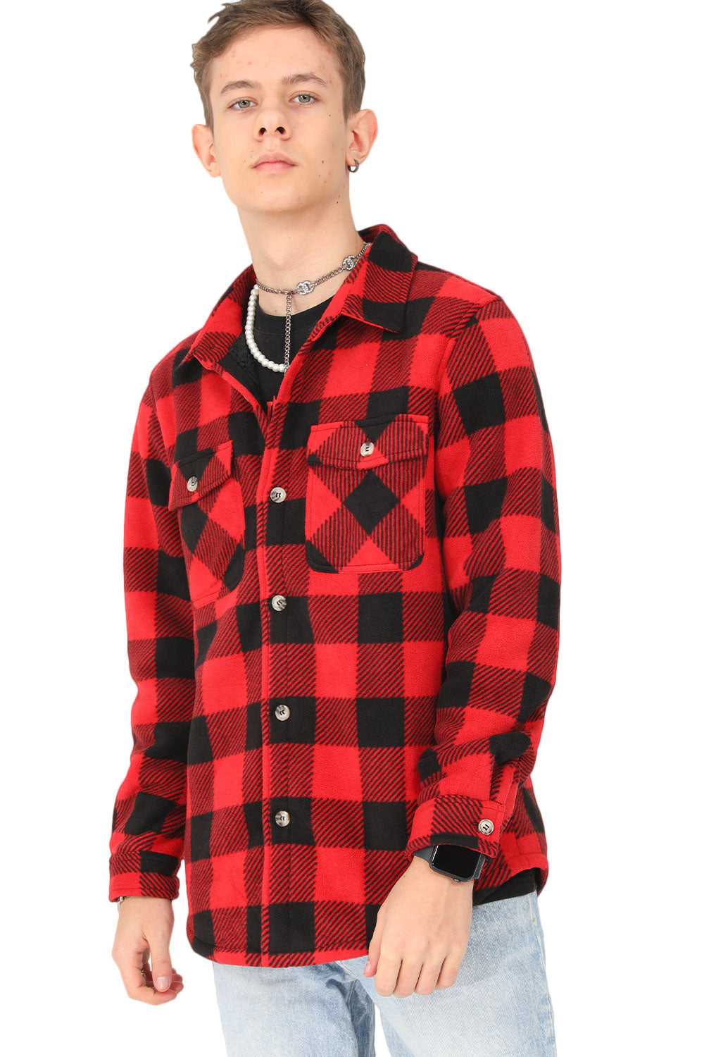 A cozy Kids Matching Family Fleece Red Buffalo Plaid Shacket featuring a stylish buffalo plaid design, perfect for winter family outings.