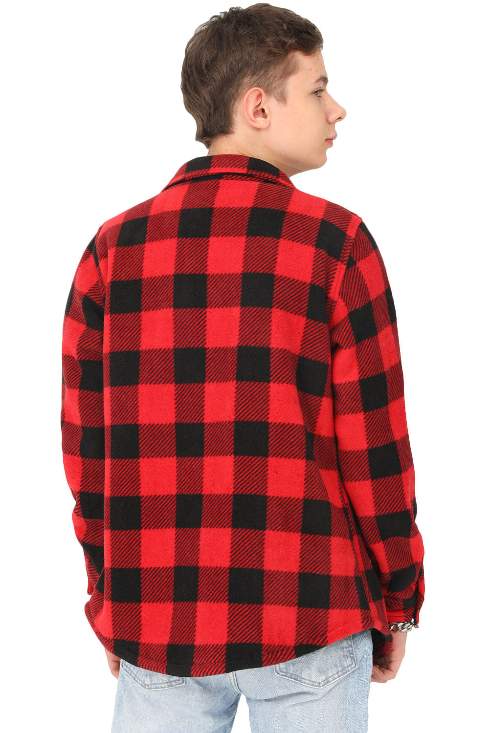 A cozy Kids Matching Family Fleece Red Buffalo Plaid Shacket featuring a stylish buffalo plaid design, perfect for winter family outings.