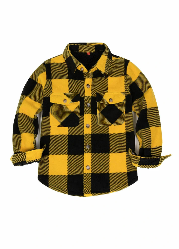 Kids Matching Family Fleece Yellow Buffalo Plaid Shacket featuring a cozy sherpa lining and stylish plaid design.