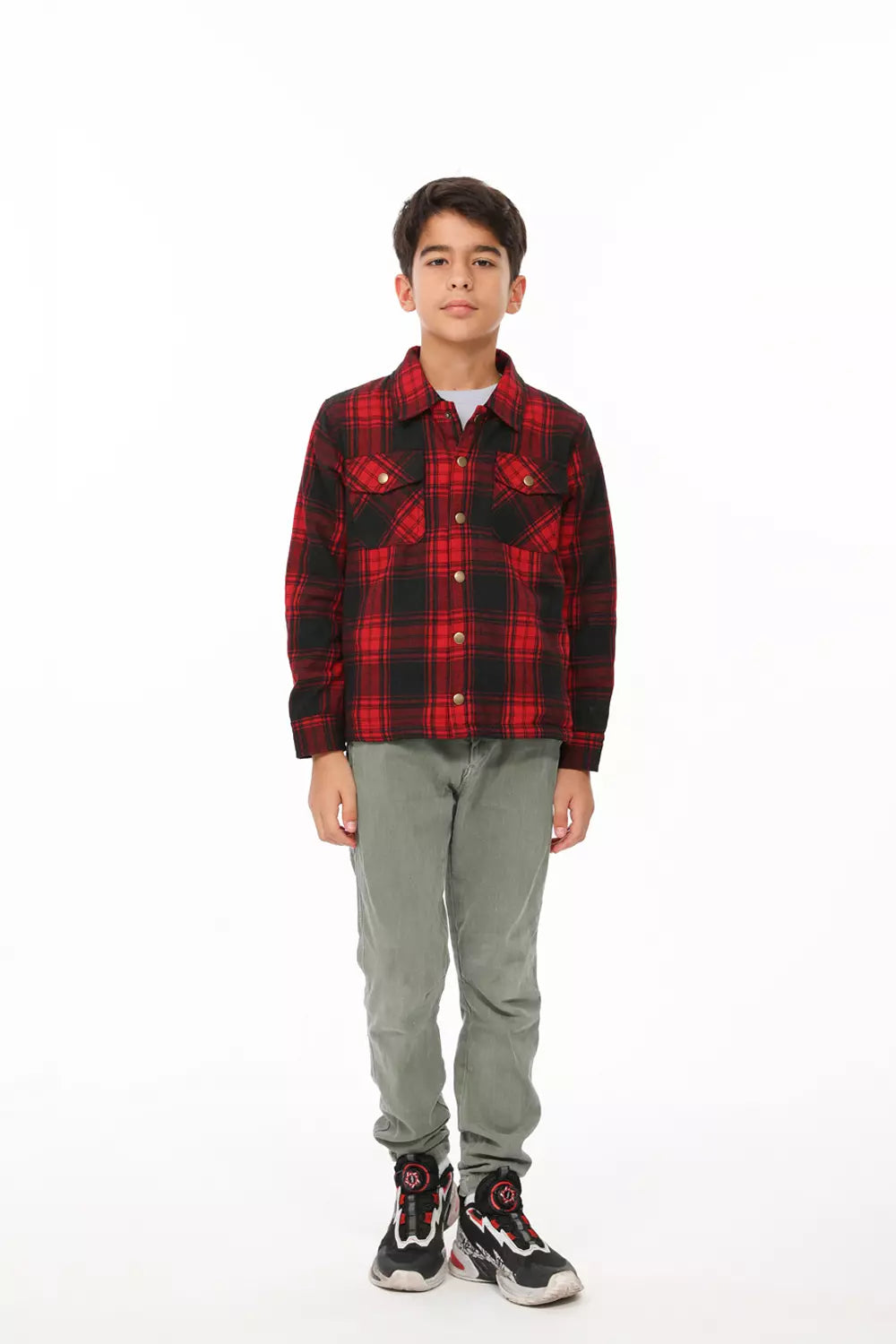 Kids Matching Family Red Plaid Flannel Shacket displayed on a hanger, showcasing its vibrant red plaid pattern and cozy flannel texture.