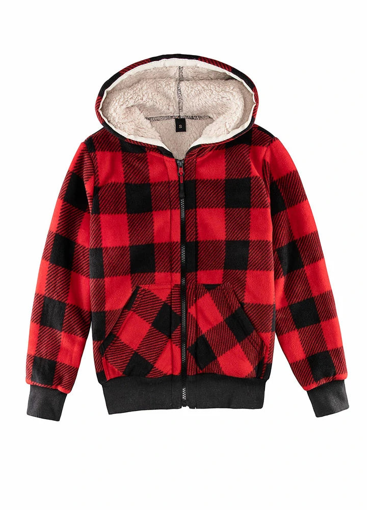 Kids Matching Family Sherpa Lined Red Plaid Sweatshirt Jacket featuring a cozy sherpa lining and vibrant red plaid pattern, perfect for chilly days.