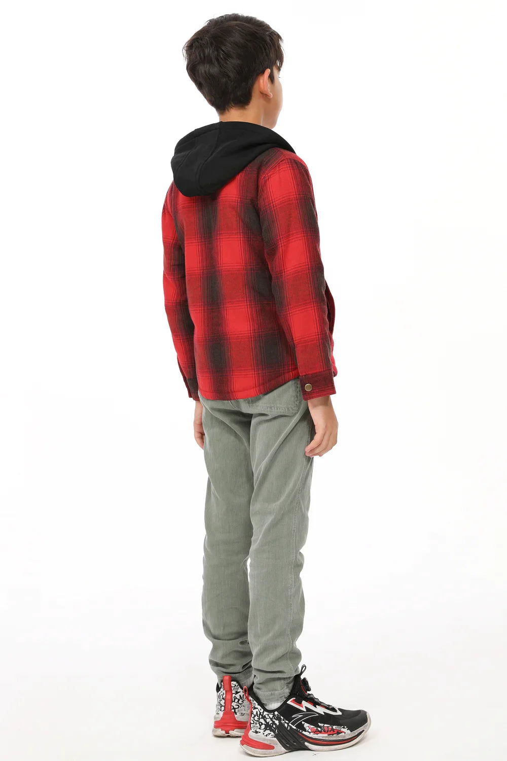 Kids Matching Family Zip Up Red Plaid Flannel Hoodie featuring Sherpa lining and utility pockets, perfect for outdoor adventures.