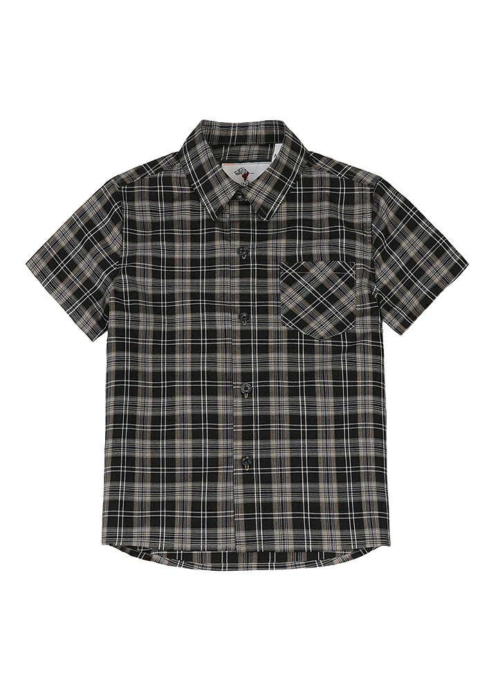 Kids plaid short sleeve button-up shirt made of soft cotton flannel, featuring a stylish design suitable for various occasions.