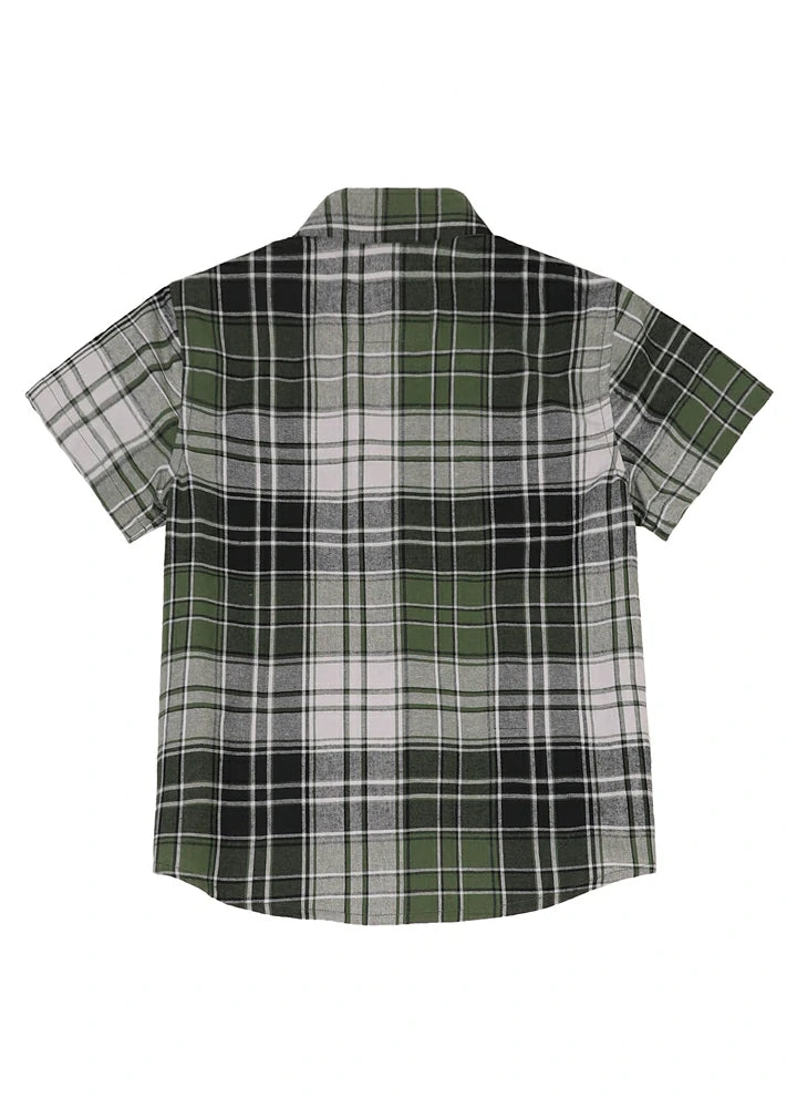 Kids plaid short sleeve button-up shirt made of soft cotton flannel, featuring a stylish design suitable for various occasions.