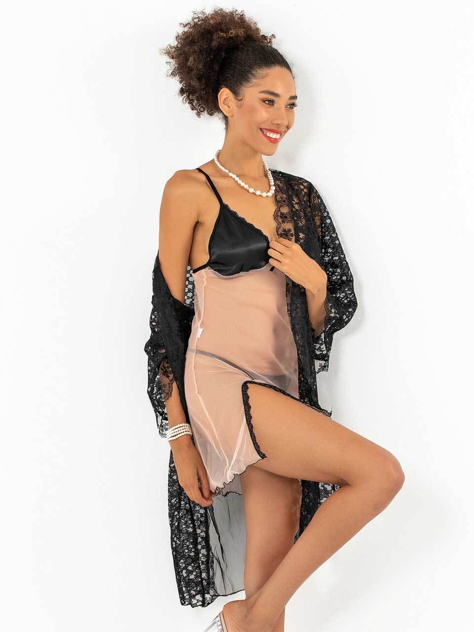 Klymet Short Tulle Dressing Gown Set featuring a romantic lace chemise and matching briefs, elegantly displayed on a soft surface.