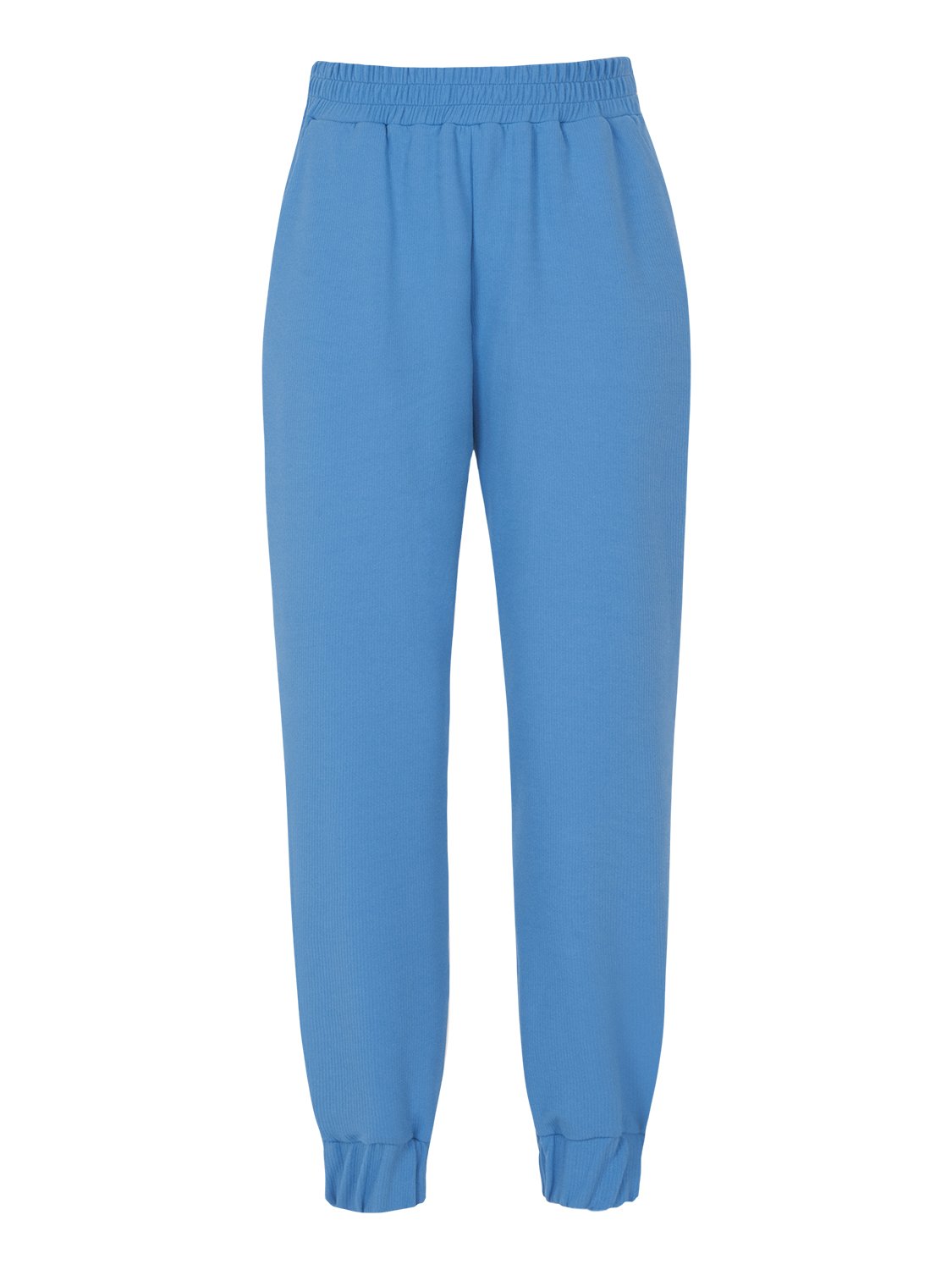 High waisted ankle-length knit jogging pants with elastic waistband and side pockets, perfect for casual wear.