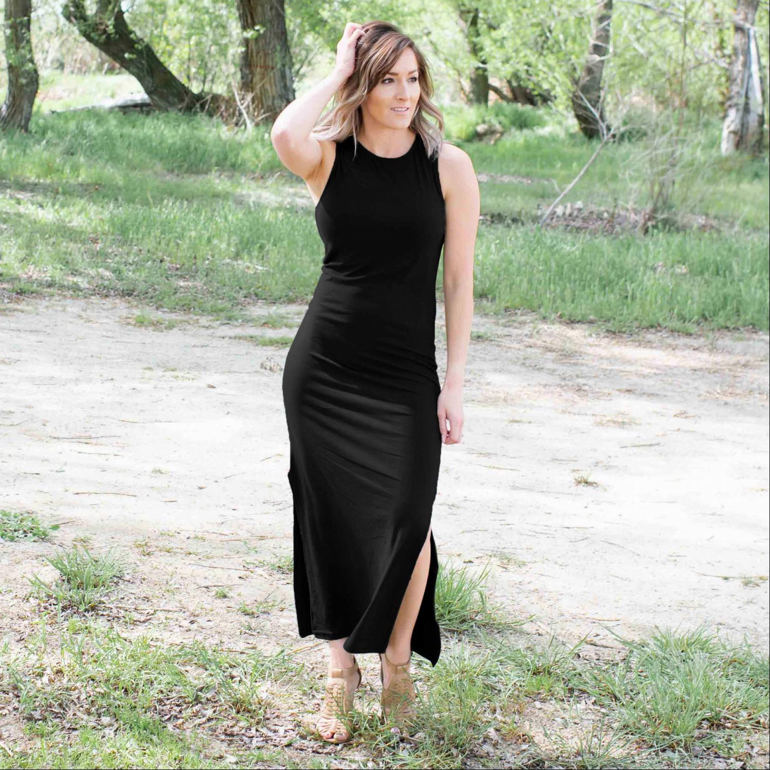 A stylish Knit Maxi Dress featuring double side slits, sleeveless design, and a form-fitting silhouette, perfect for summer outings.