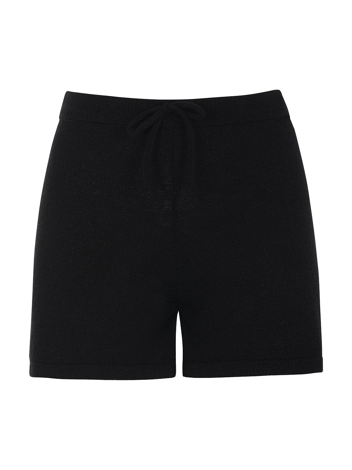 A pair of high-waisted knit mini shorts with an elastic waistband and adjustable drawstring, showcasing a soft fabric and nature-inspired colors.