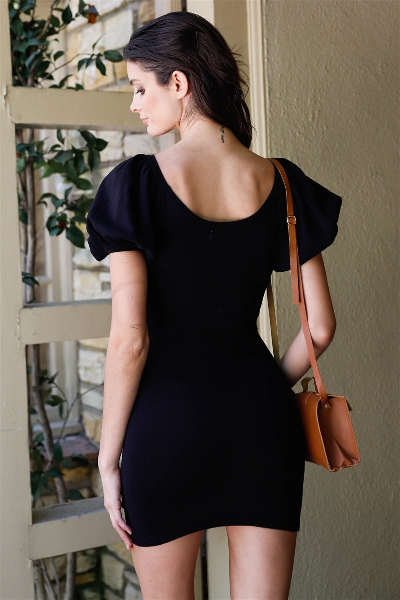 Knit Short Balloon Sleeve Bodycon Mini Dress in black, featuring short puff balloon sleeves and a fitted silhouette.